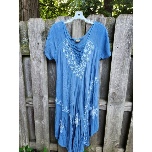Hi Low Gauze Dress Blue OSFM Pullover Beach Cover Up Caftan OSFA - Picture 4 of 9